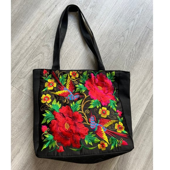 Tote Bag Flowers & Bird Embroidered Large - Picture 2 of 6